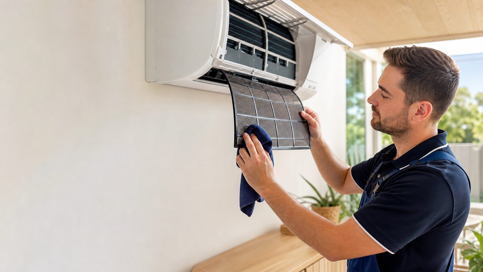 Person holding a mesh filter beneath an open wall-mounted air conditioner