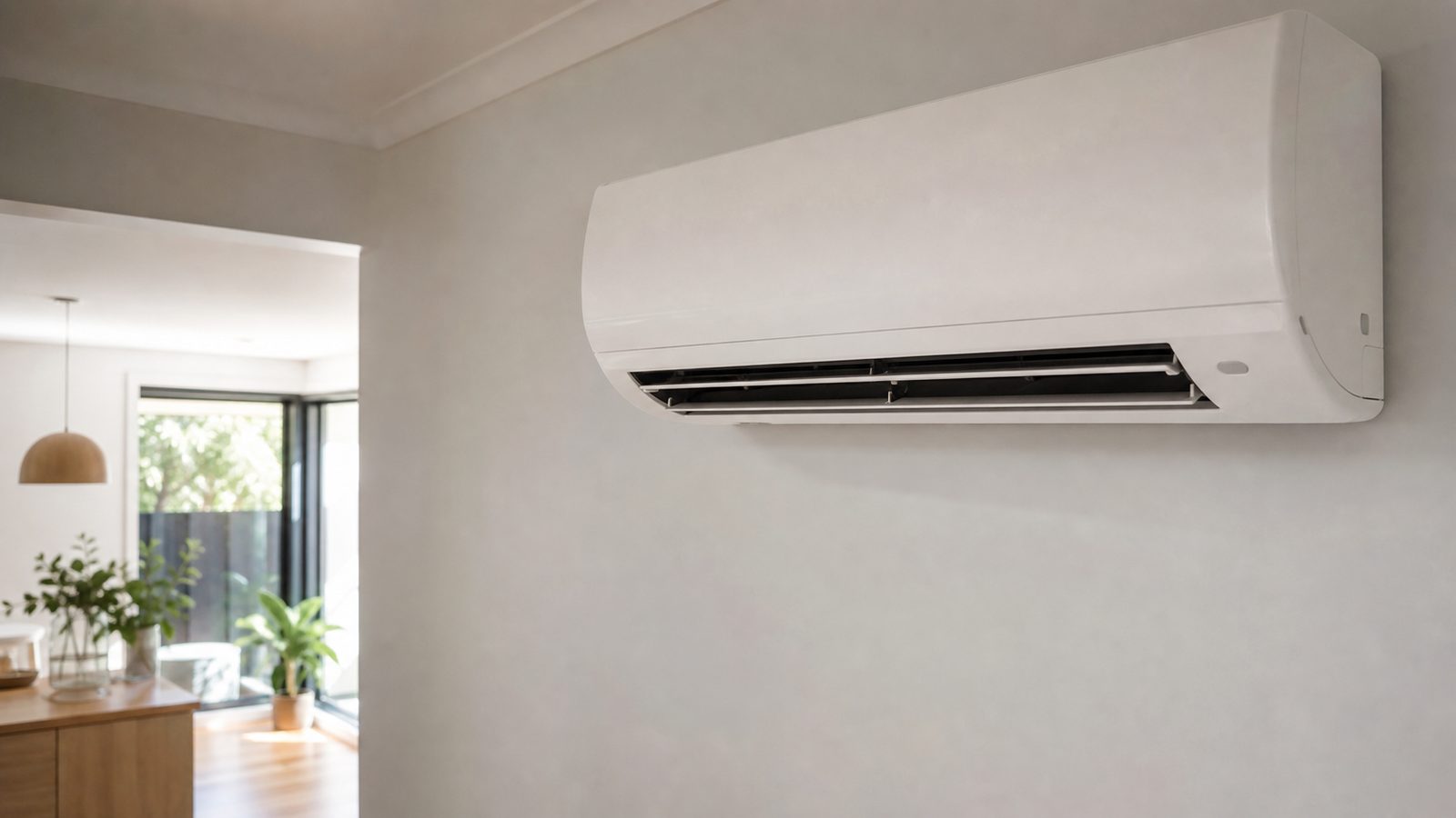 White wall-mounted split-system air conditioner in a light-coloured living room